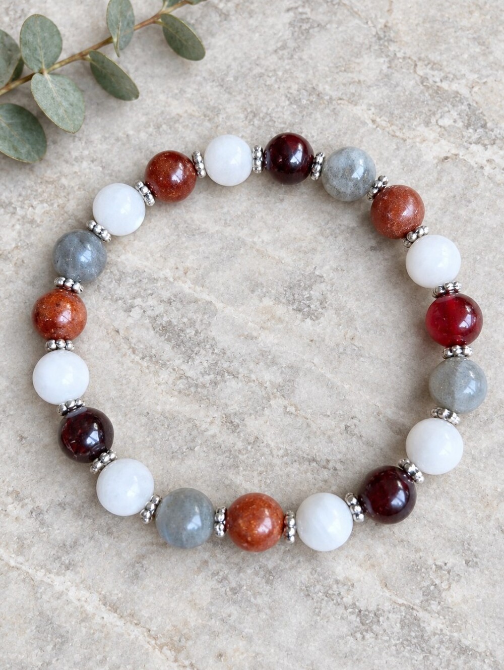Hessonite Garnet, Moonstone & Labradorite Beaded Stretch Bracelet  | Handmade